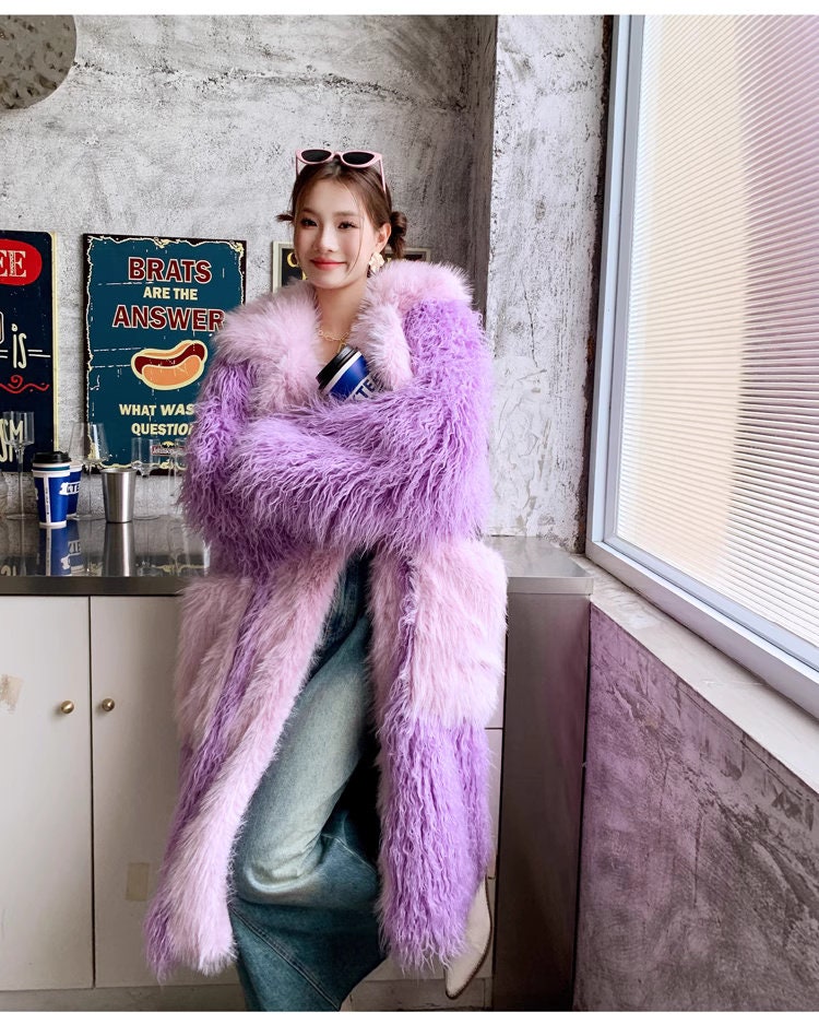 Furry faux fur purple coat with big collar color, rave punk goth cozy plur top party clubwear unique designer kpop style trench coat