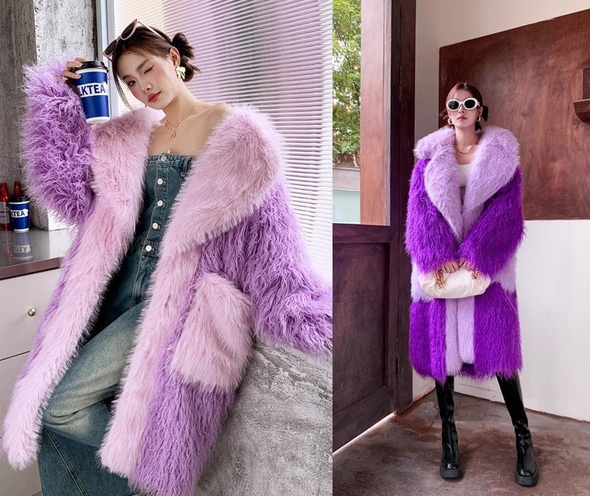 Furry faux fur purple coat with big collar color, rave punk goth cozy plur top party clubwear unique designer kpop style trench coat