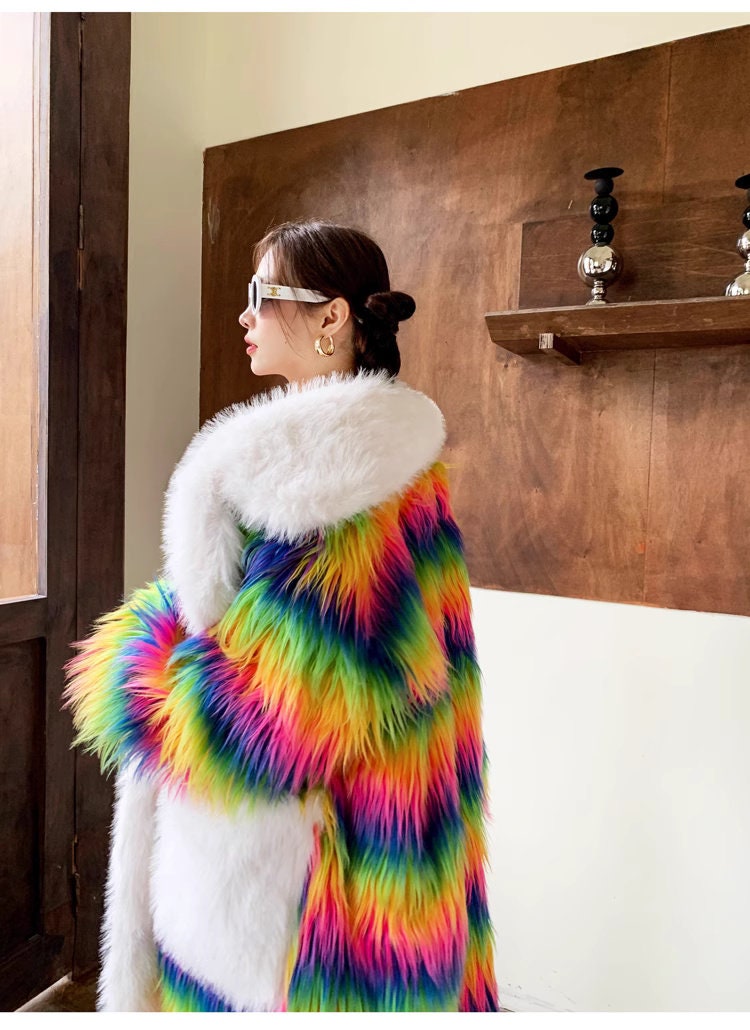 Furry faux fur rainbow trench coat with big collar, rave punk goth cozy plur top party clubwear unique designer kpop style trench duster