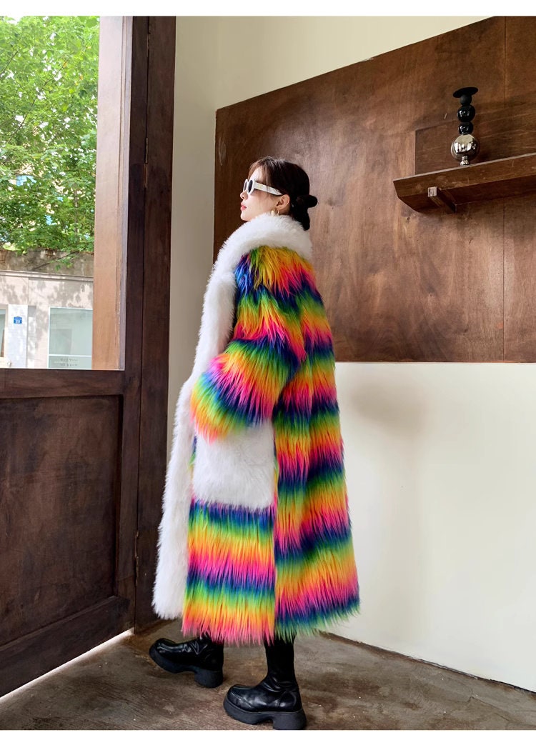 Furry faux fur rainbow trench coat with big collar, rave punk goth cozy plur top party clubwear unique designer kpop style trench duster