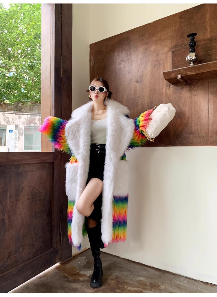 Furry faux fur rainbow trench coat with big collar, rave punk goth cozy plur top party clubwear unique designer kpop style trench duster