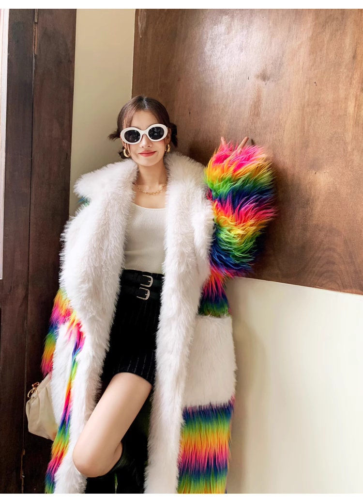 Furry faux fur rainbow trench coat with big collar, rave punk goth cozy plur top party clubwear unique designer kpop style trench duster