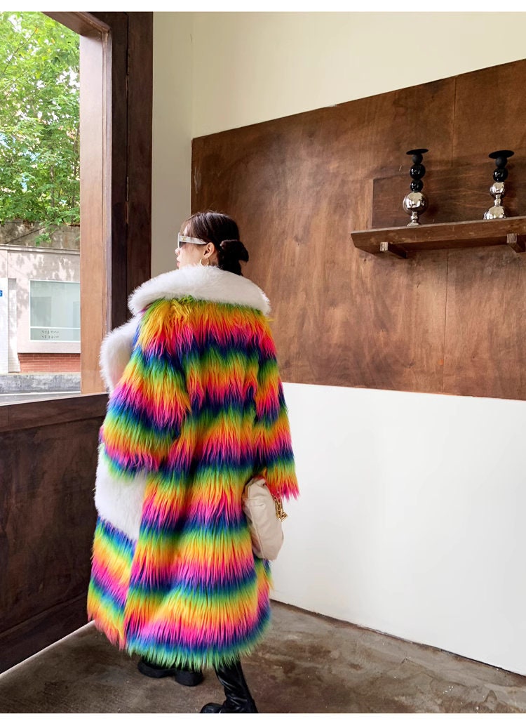 Furry faux fur rainbow trench coat with big collar, rave punk goth cozy plur top party clubwear unique designer kpop style trench duster