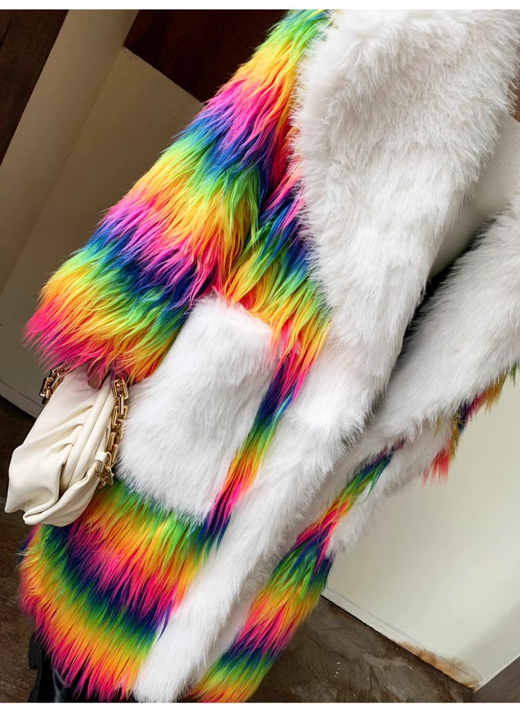 Furry faux fur rainbow trench coat with big collar, rave punk goth cozy plur top party clubwear unique designer kpop style trench duster