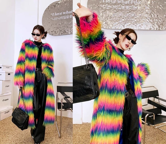 Furry faux fur rainbow trench coat, rave punk goth cozy plur top party clubwear unique designer outdoors kpop style trench duster