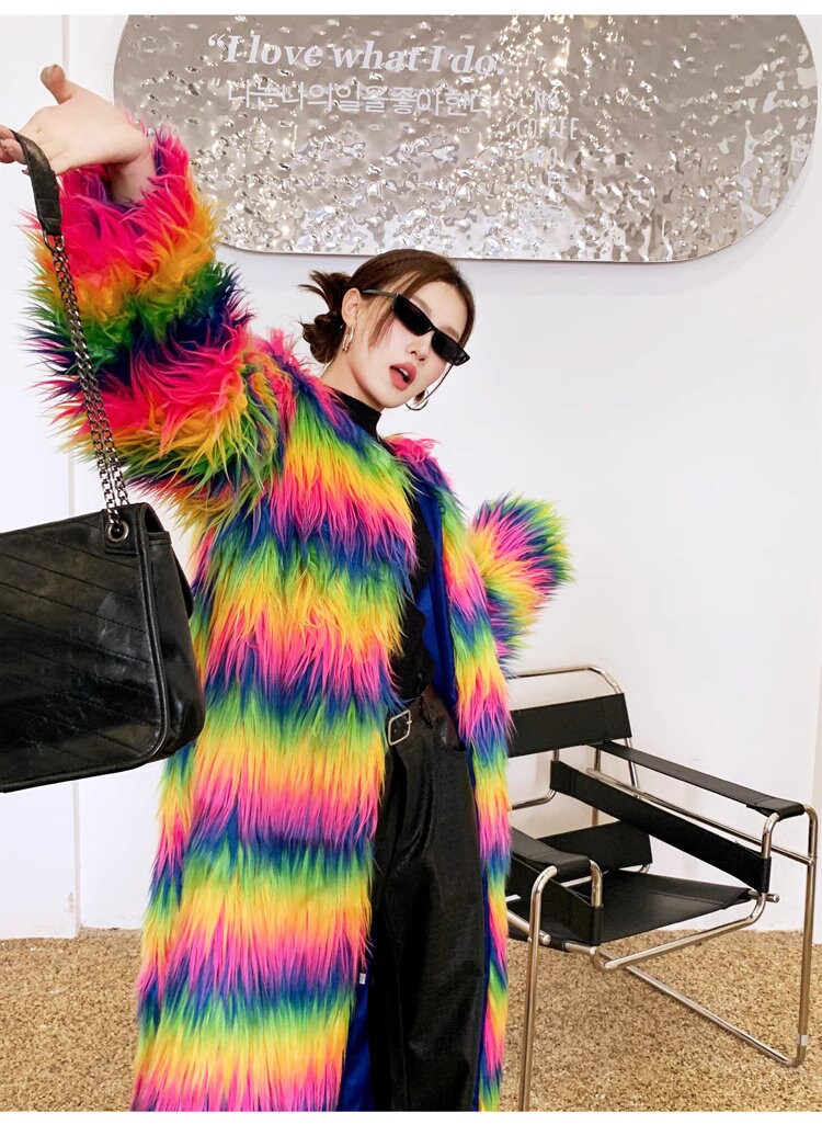 Furry faux fur rainbow trench coat, rave punk goth cozy plur top party clubwear unique designer outdoors kpop style trench duster