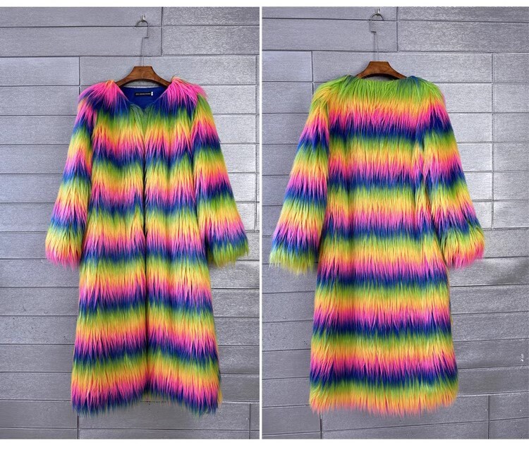 Furry faux fur rainbow trench coat, rave punk goth cozy plur top party clubwear unique designer outdoors kpop style trench duster