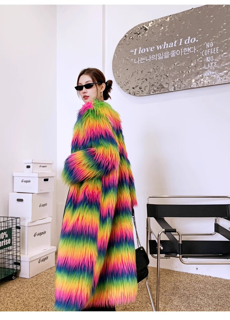 Furry faux fur rainbow trench coat, rave punk goth cozy plur top party clubwear unique designer outdoors kpop style trench duster