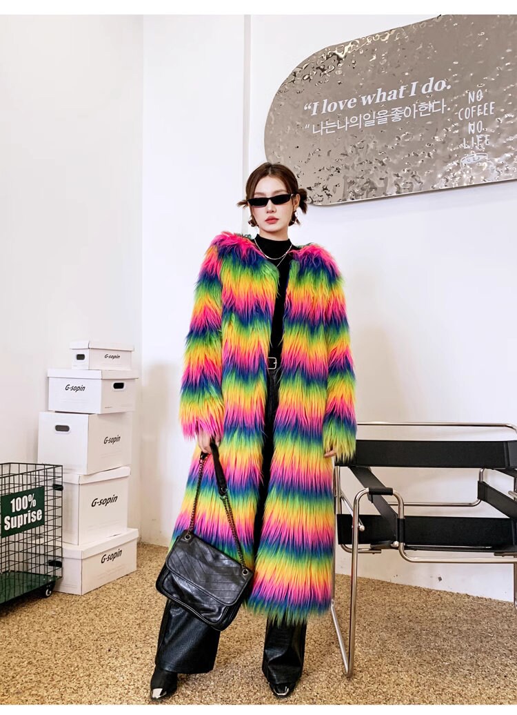 Furry faux fur rainbow trench coat, rave punk goth cozy plur top party clubwear unique designer outdoors kpop style trench duster