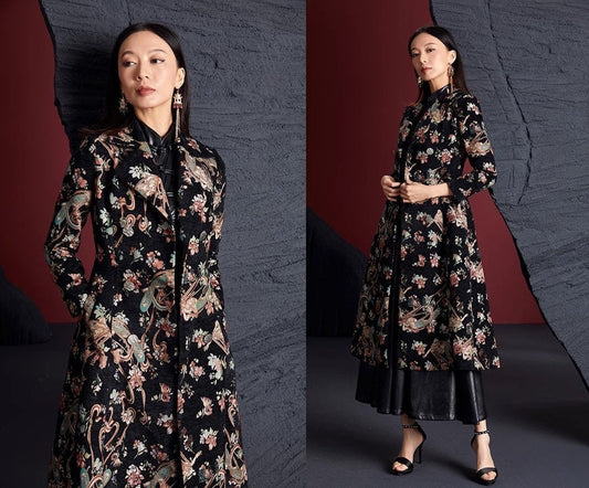 Women Floral Embroidery Buddhist Trench Coat, Subtle Pattern Deluxe Designer long coat duster Asian Style for Smart Casual/ Formal Event