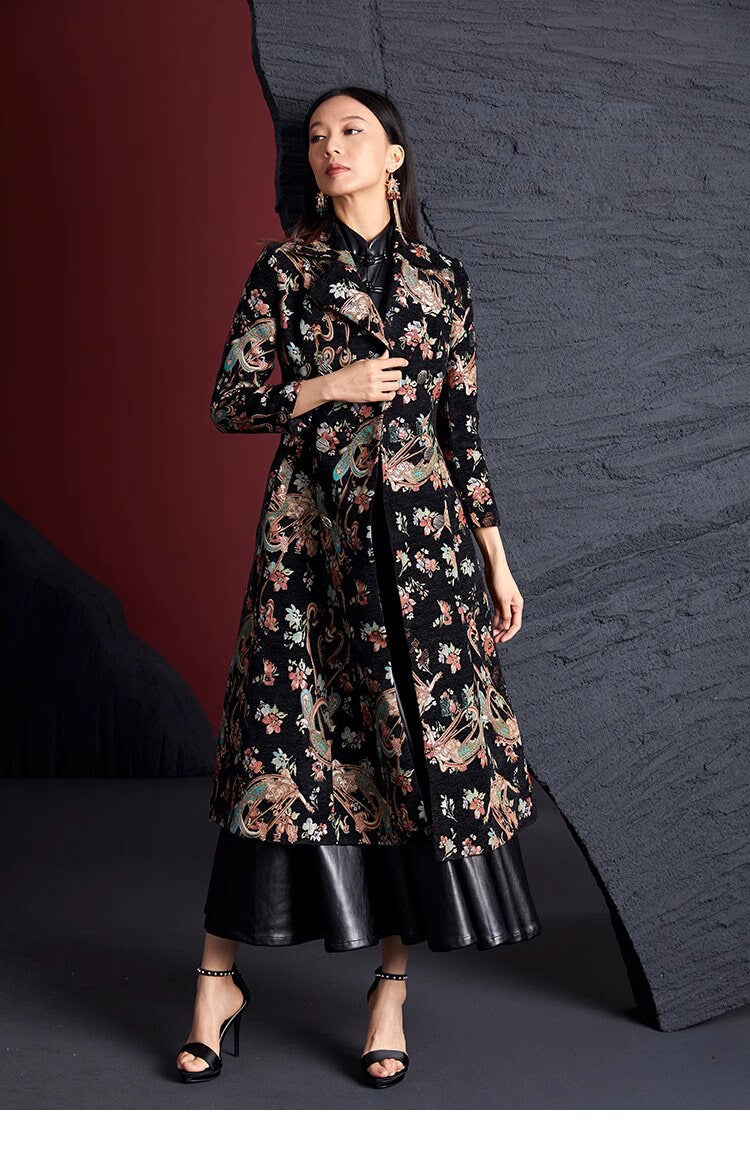 Women Floral Embroidery Buddhist Trench Coat, Subtle Pattern Deluxe Designer long coat duster Asian Style for Smart Casual/ Formal Event