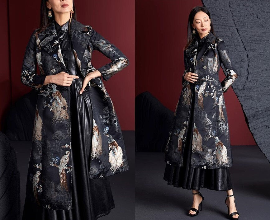 Women Floral Embroidery Birds Trench Coat, Subtle Pattern Deluxe Designer long coat duster Asian Style for Smart Casual/ Formal Event