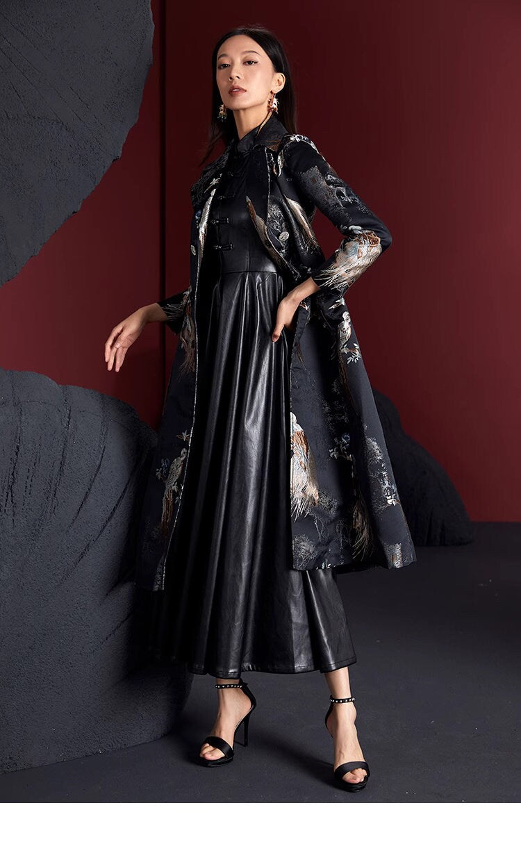 Women Floral Embroidery Birds Trench Coat, Subtle Pattern Deluxe Designer long coat duster Asian Style for Smart Casual/ Formal Event