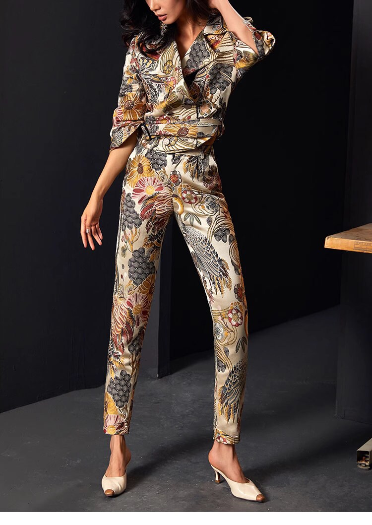 Women Golden Cranes Embroidery Suit Set, Pattern Deluxe Designer Suit Jacket & Pants Asian Style for Smart Casual/ Formal Event