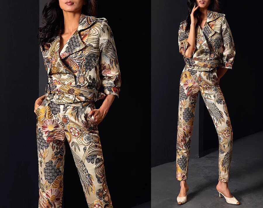 Women Golden Cranes Embroidery Suit Set, Pattern Deluxe Designer Suit Jacket & Pants Asian Style for Smart Casual/ Formal Event