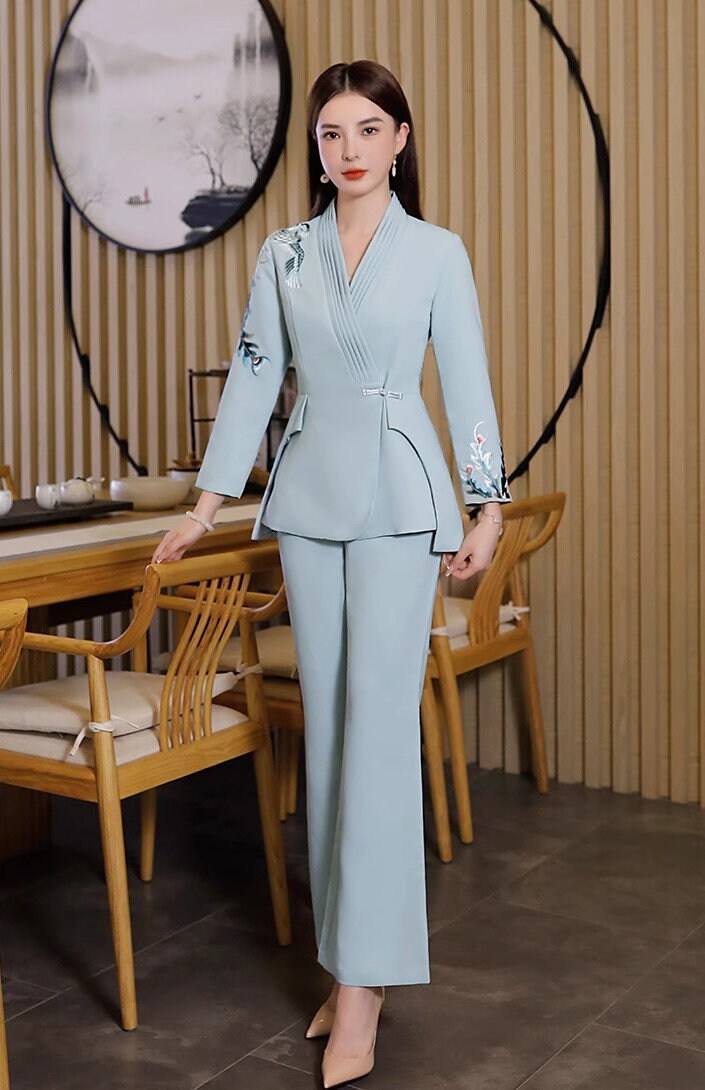 Women Slim cut Pantsuit Japanese Embroidery Crane Blazer & Pants Suit set Formal Event Wedding Prom Party Gift