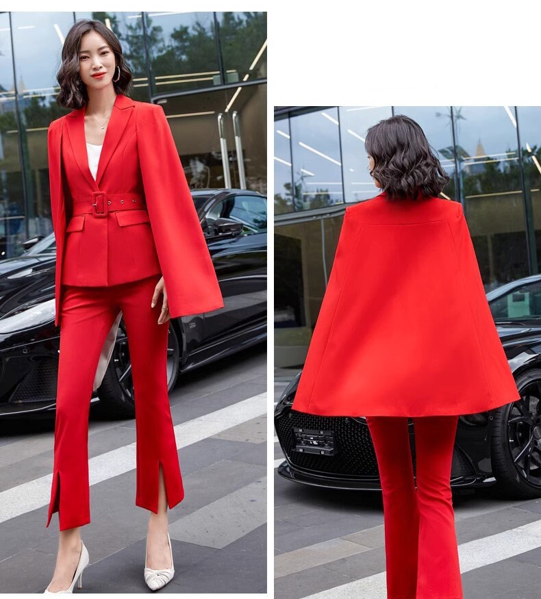 Red/ Black/ Beige Cape Blazer Pantsuit, Designer Woman slim cut blazer + pants Celebrities Formal Event Wedding Party suit set