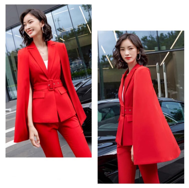 Red/ Black/ Beige Cape Blazer Pantsuit, Designer Woman slim cut blazer + pants Celebrities Formal Event Wedding Party suit set