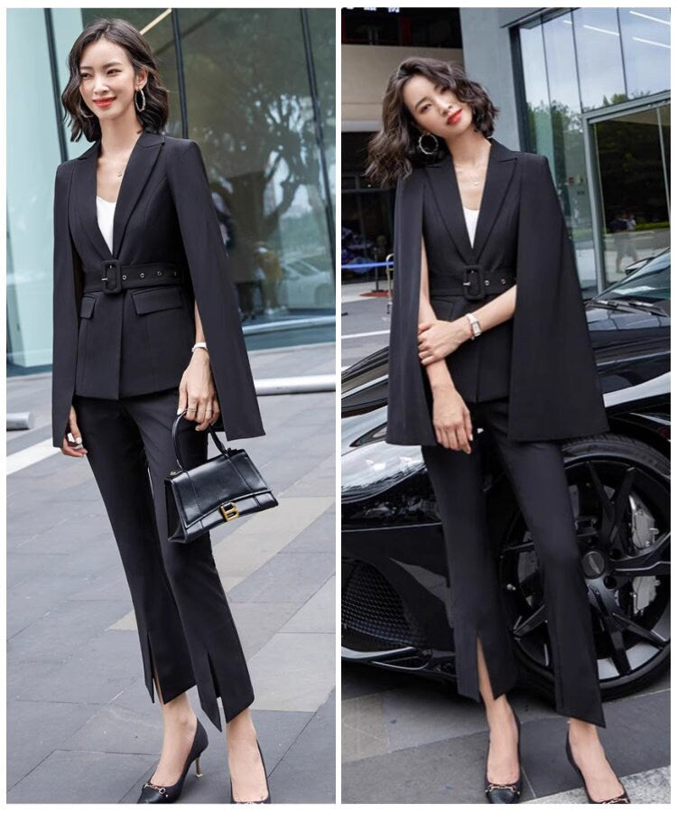 Red/ Black/ Beige Cape Blazer Pantsuit, Designer Woman slim cut blazer + pants Celebrities Formal Event Wedding Party suit set