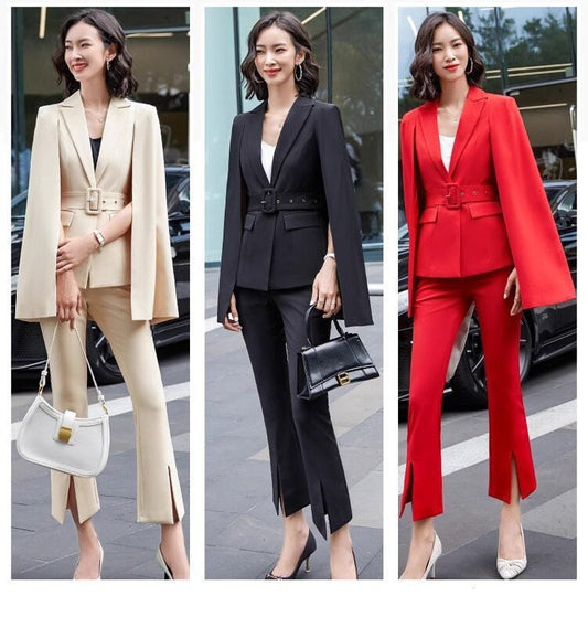 Red/ Black/ Beige Cape Blazer Pantsuit, Designer Woman slim cut blazer + pants Celebrities Formal Event Wedding Party suit set