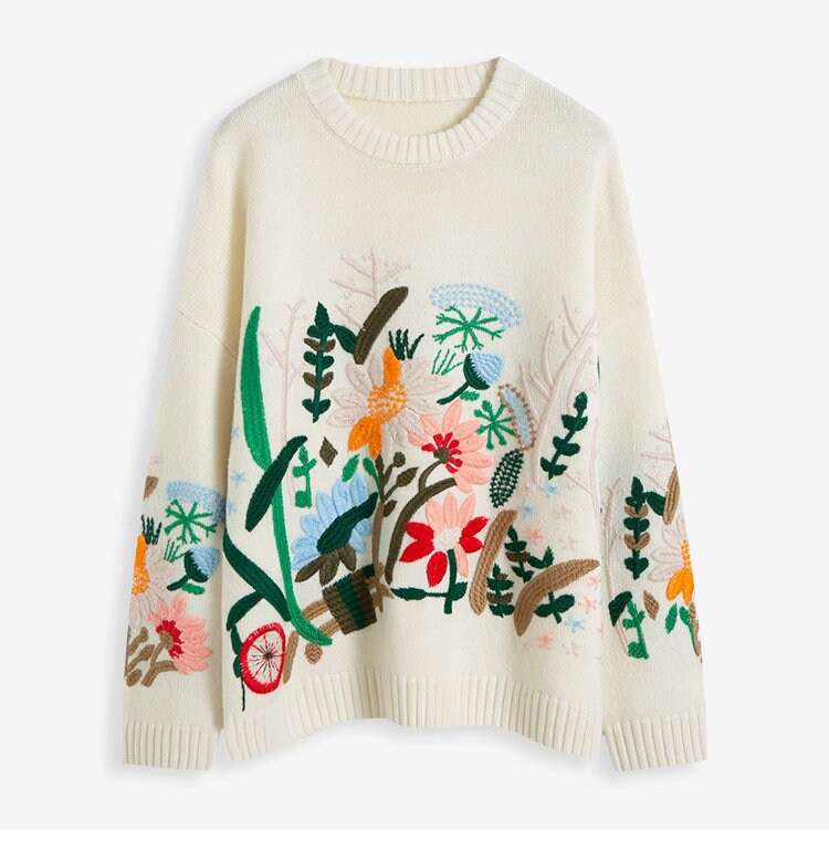 Floral embroidery knitted sweater gray/ white designer women wool clothes casual wear outdoors sweater office knit wear fall winter wear