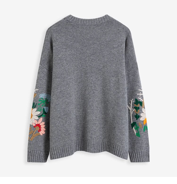 Floral embroidery knitted sweater gray/ white designer women wool clothes casual wear outdoors sweater office knit wear fall winter wear