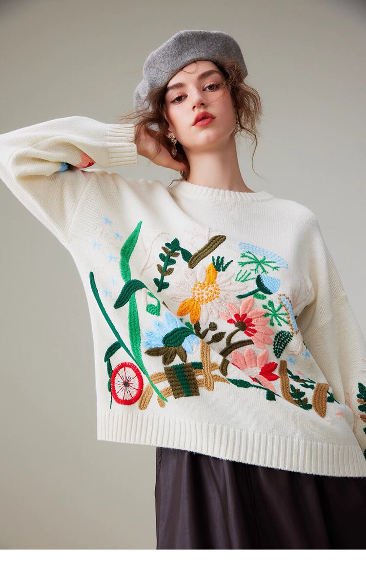 Floral embroidery knitted sweater gray/ white designer women wool clothes casual wear outdoors sweater office knit wear fall winter wear