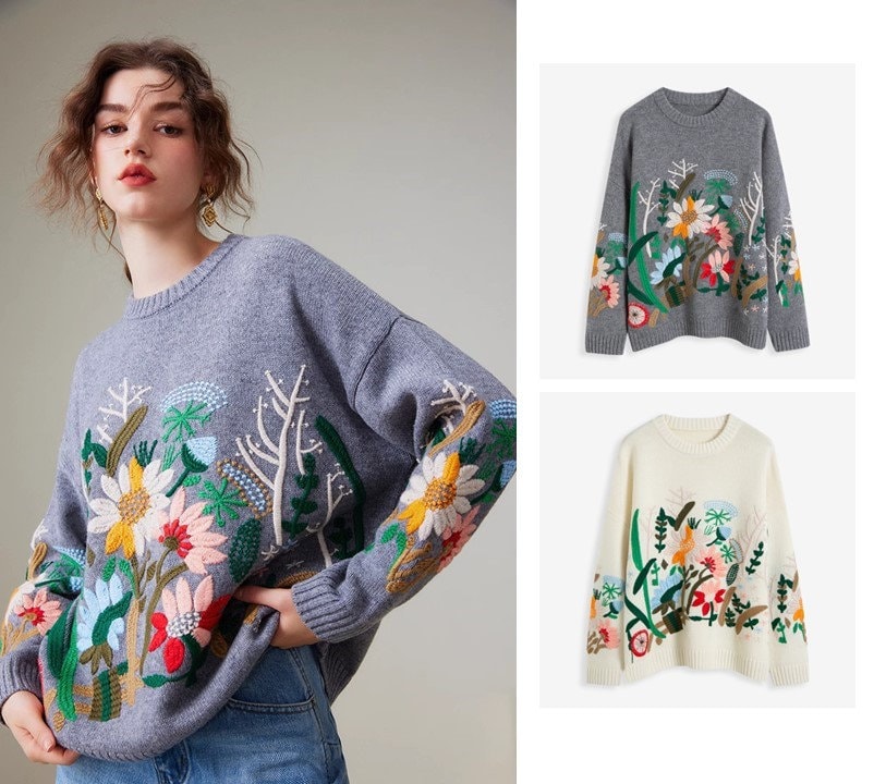 Floral embroidery knitted sweater gray/ white designer women wool clothes casual wear outdoors sweater office knit wear fall winter wear