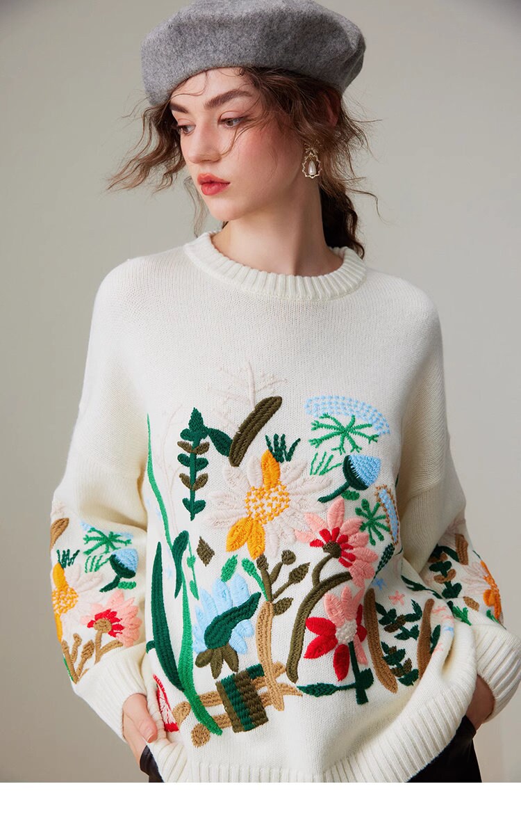 Floral embroidery knitted sweater gray/ white designer women wool clothes casual wear outdoors sweater office knit wear fall winter wear