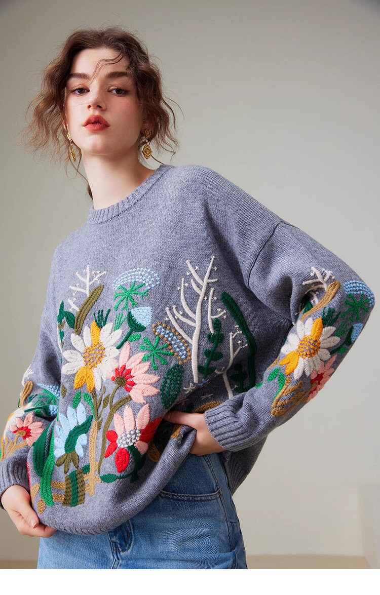 Floral embroidery knitted sweater gray/ white designer women wool clothes casual wear outdoors sweater office knit wear fall winter wear