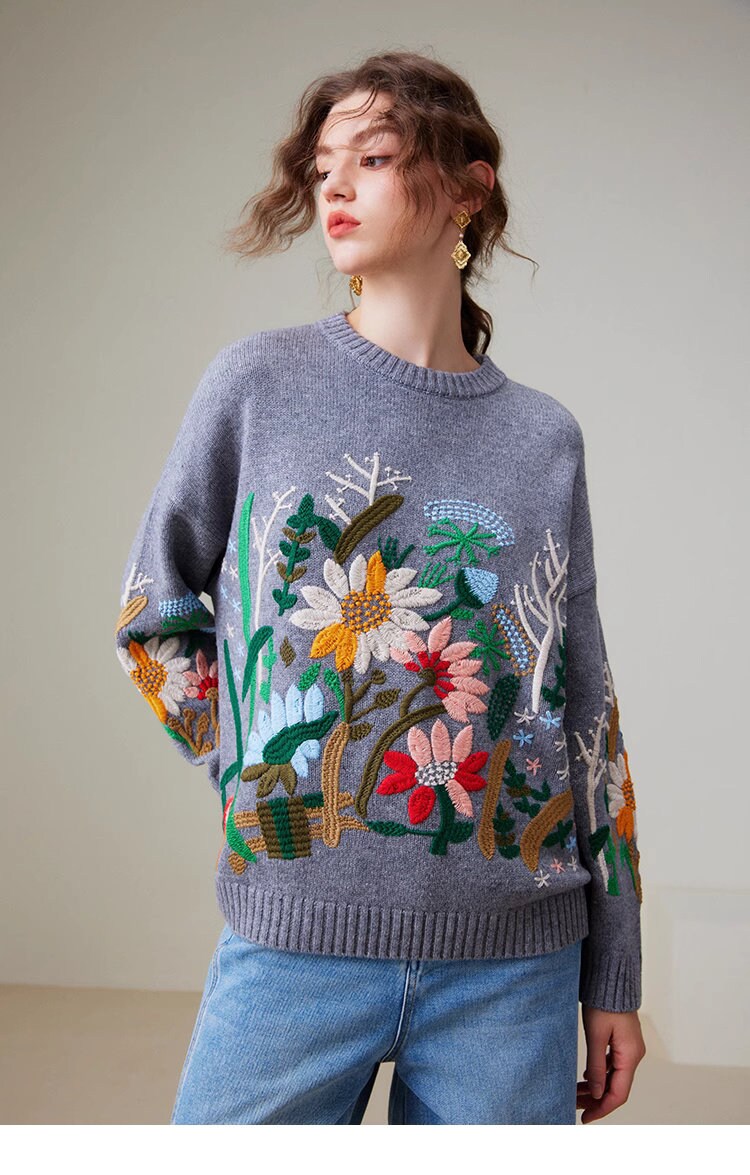 Floral embroidery knitted sweater gray/ white designer women wool clothes casual wear outdoors sweater office knit wear fall winter wear