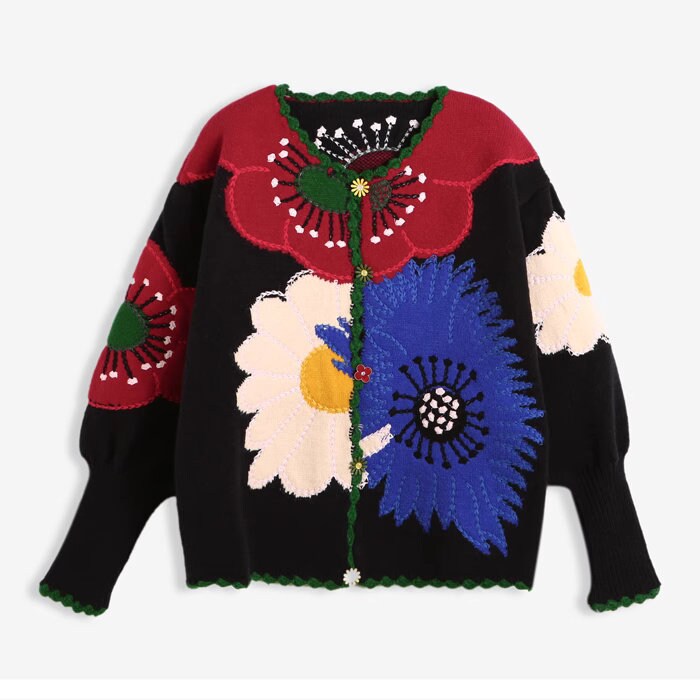 Floral embroidery knitted jacket pattern designer women wool jacket casual wear outdoors sweater office knit wear fall winter wear