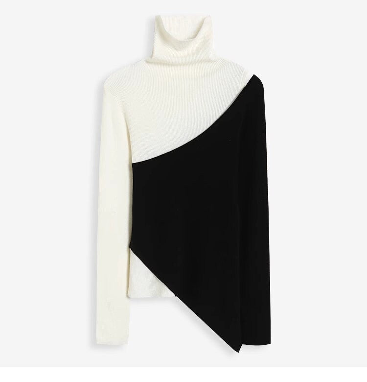 Woman patchwork black & white top crop shoulder mock neck modern knit wear casual formal top office party event wear outdoors clothes