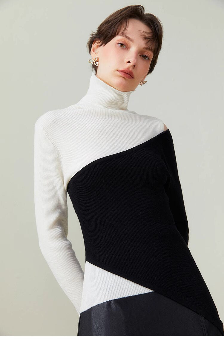 Woman patchwork black & white top crop shoulder mock neck modern knit wear casual formal top office party event wear outdoors clothes