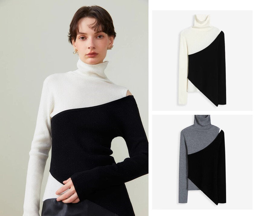 Woman patchwork black & white top crop shoulder mock neck modern knit wear casual formal top office party event wear outdoors clothes