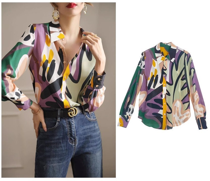 Abstract pattern art blouse, designer woman long sleeve button shirt smart casual outdoors office work wedding prom birthday gift