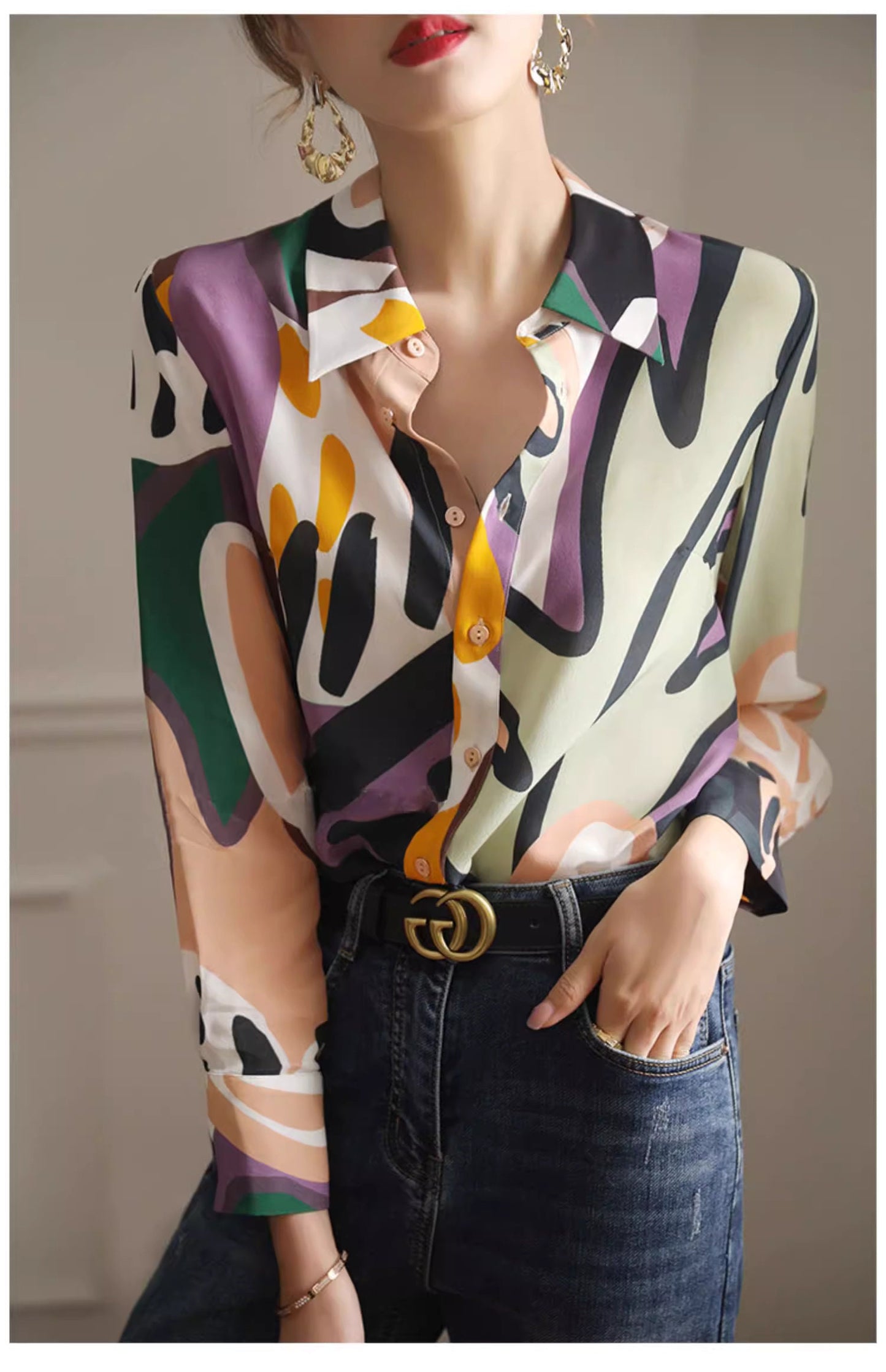 Abstract pattern art blouse, designer woman long sleeve button shirt smart casual outdoors office work wedding prom birthday gift