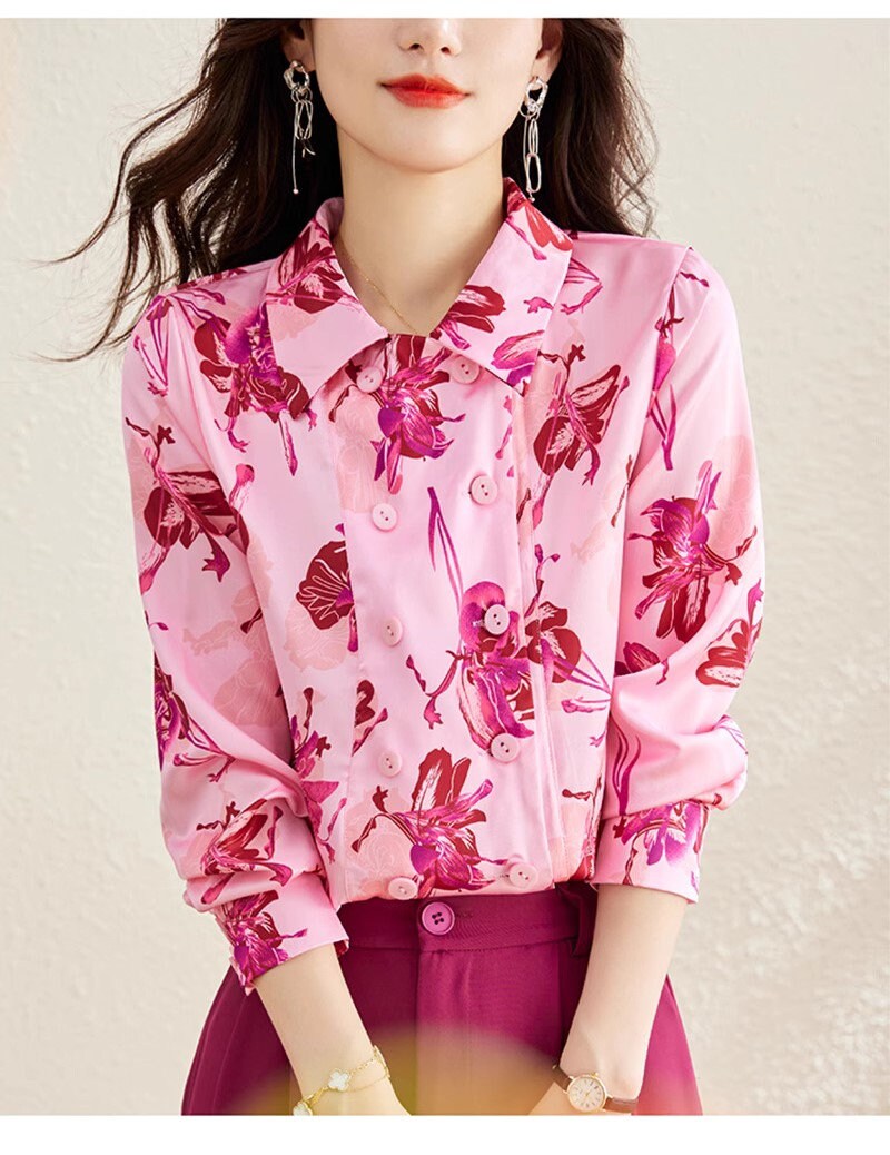 Floral Pattern Double Breast Blouse, Designer Woman Collor Elegant Button Shirt Smart Casual Formal Event Party Gift for her