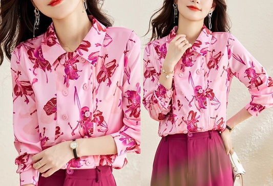 Floral Pattern Double Breast Blouse, Designer Woman Collor Elegant Button Shirt Smart Casual Formal Event Party Gift for her