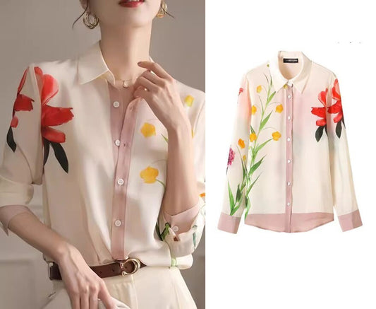 Water Ink Floral Graphics Blouse, Designer Women Button Shirt Elegant Casual Style Outdoors Event Party Gift for her