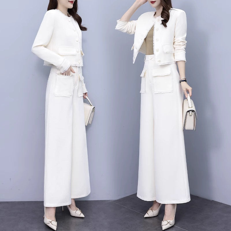 Women milky white Suit Set Jacket And wide legs Pants Formal Suit Prom Suits For Women Wedding Party Event Gift KOL IG