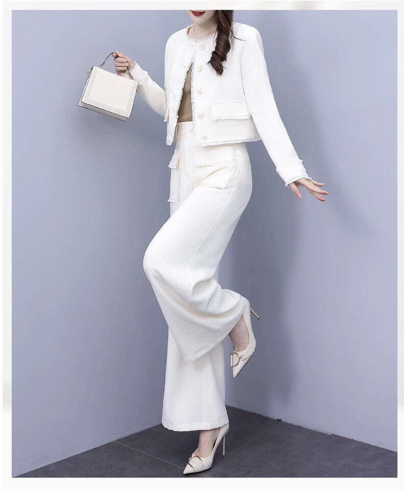 Women milky white Suit Set Jacket And wide legs Pants Formal Suit Prom Suits For Women Wedding Party Event Gift KOL IG