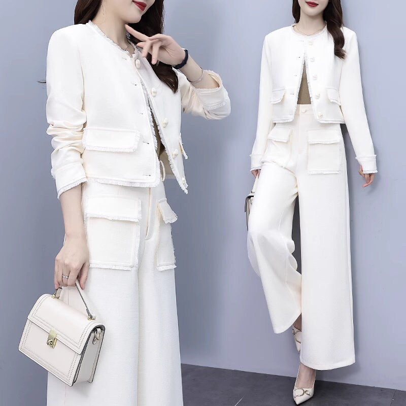 Women milky white Suit Set Jacket And wide legs Pants Formal Suit Prom Suits For Women Wedding Party Event Gift KOL IG