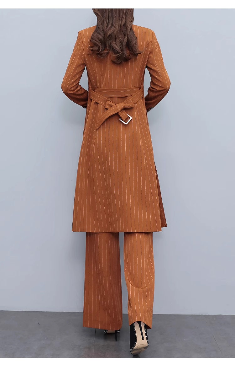 High-end brown color striped lady pantsuit, designer women spring autumn long blazer + pants suit set thin layer wedding prom office