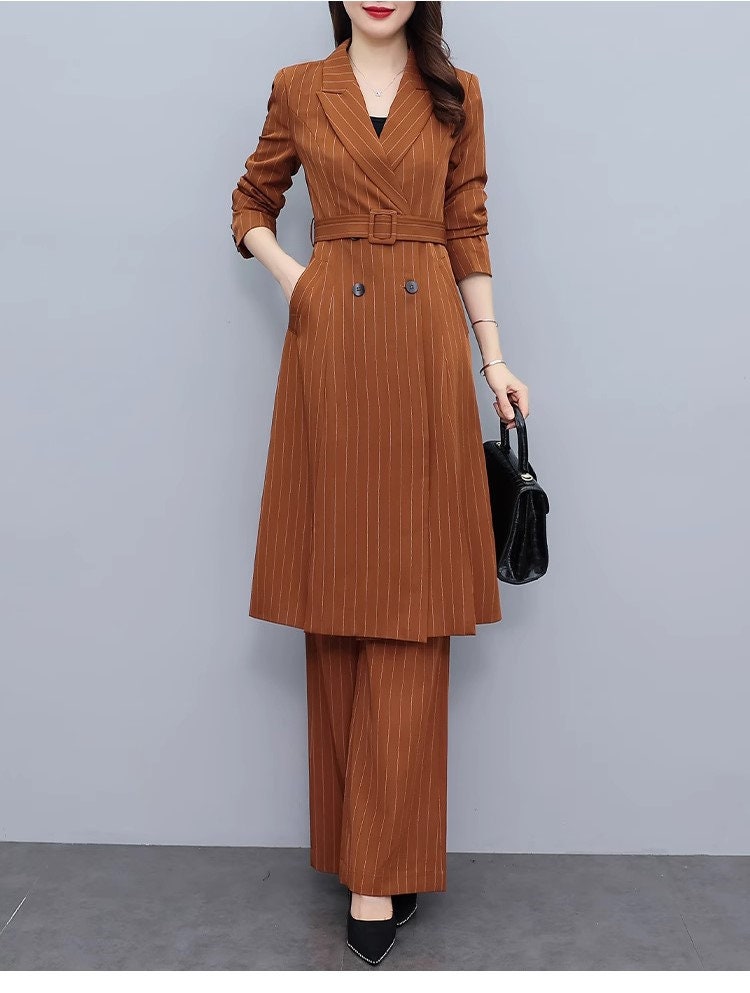 High-end brown color striped lady pantsuit, designer women spring autumn long blazer + pants suit set thin layer wedding prom office