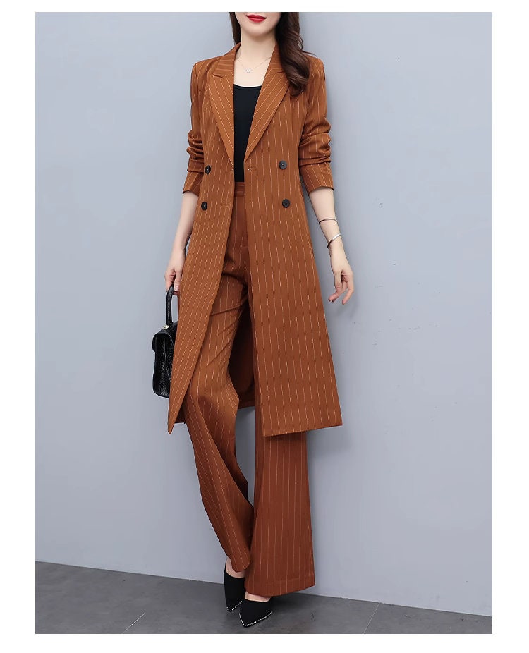 High-end brown color striped lady pantsuit, designer women spring autumn long blazer + pants suit set thin layer wedding prom office