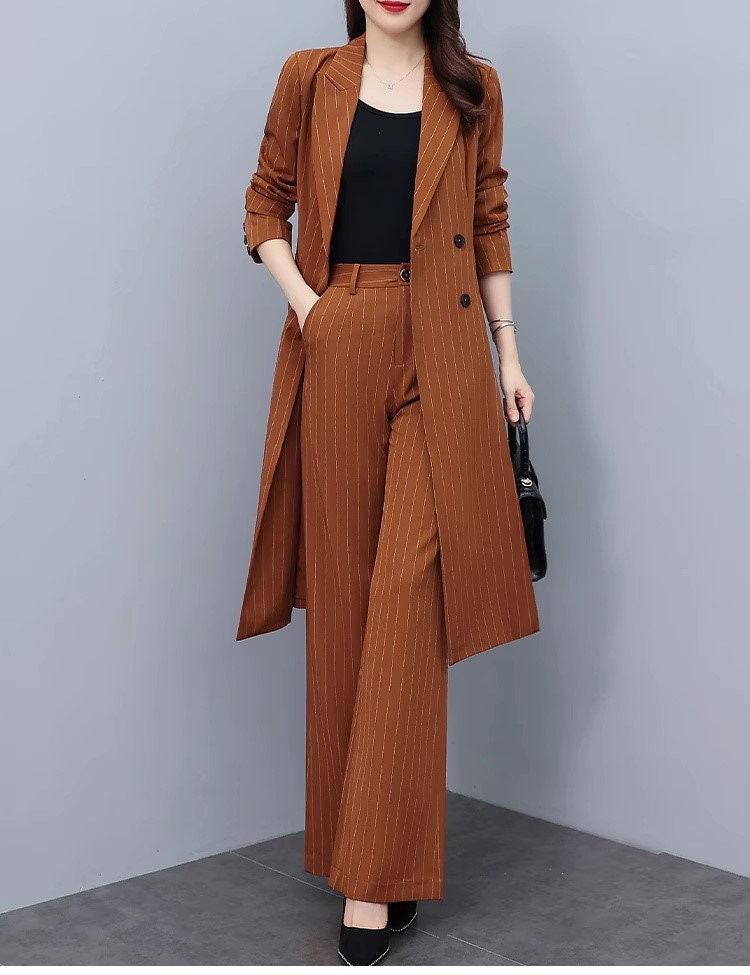 High-end brown color striped lady pantsuit, designer women spring autumn long blazer + pants suit set thin layer wedding prom office