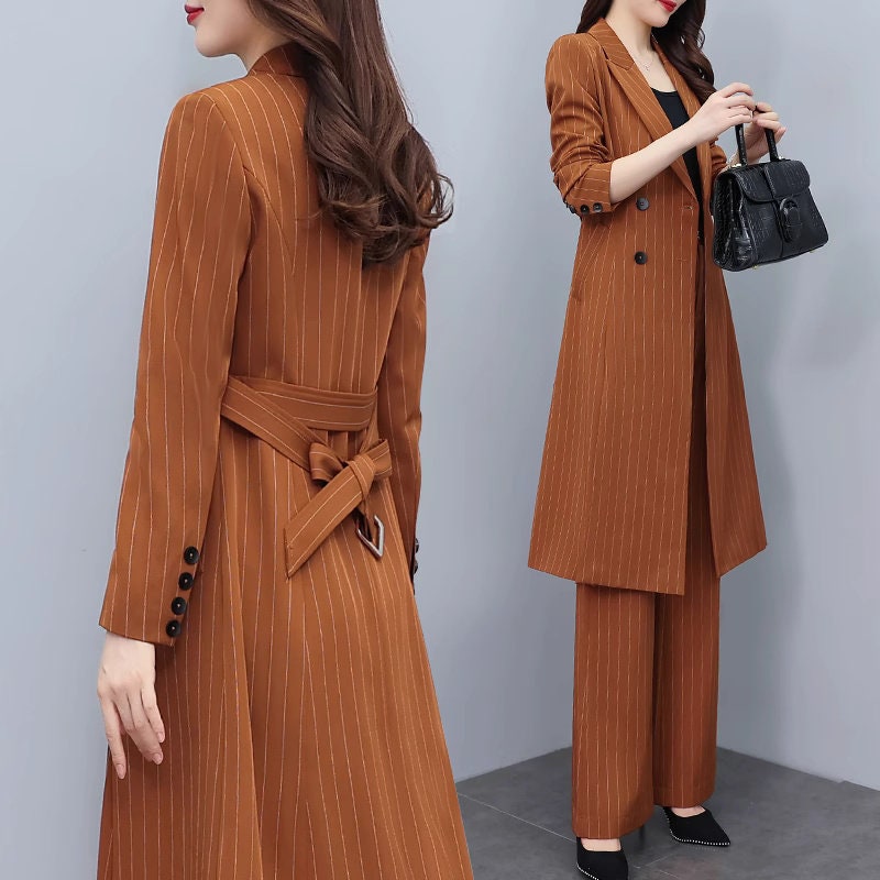 High-end brown color striped lady pantsuit, designer women spring autumn long blazer + pants suit set thin layer wedding prom office