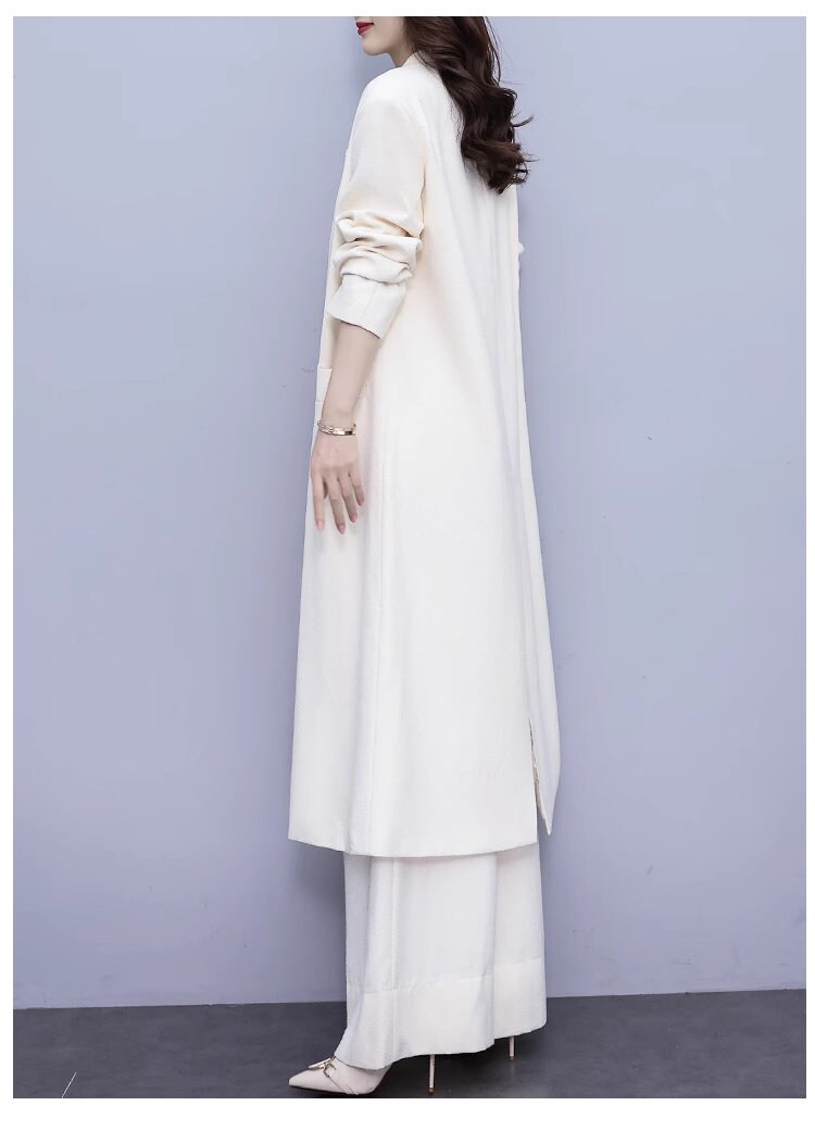 High-end milky white color lady pantsuit, designer women spring autumn long blazer + pants suit set wedding prom office