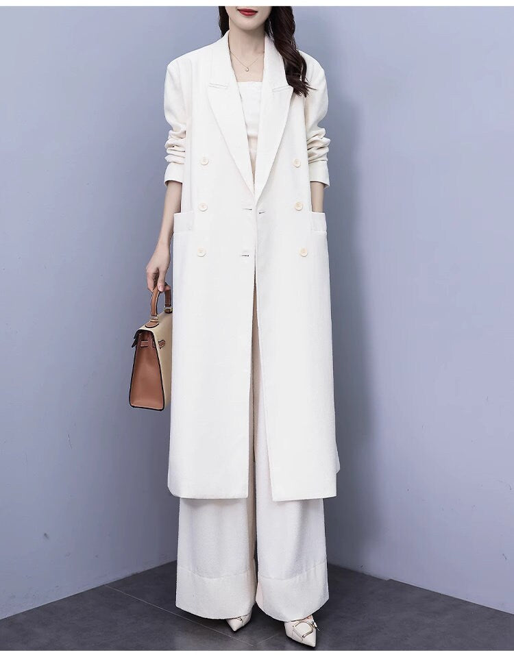 High-end milky white color lady pantsuit, designer women spring autumn long blazer + pants suit set wedding prom office